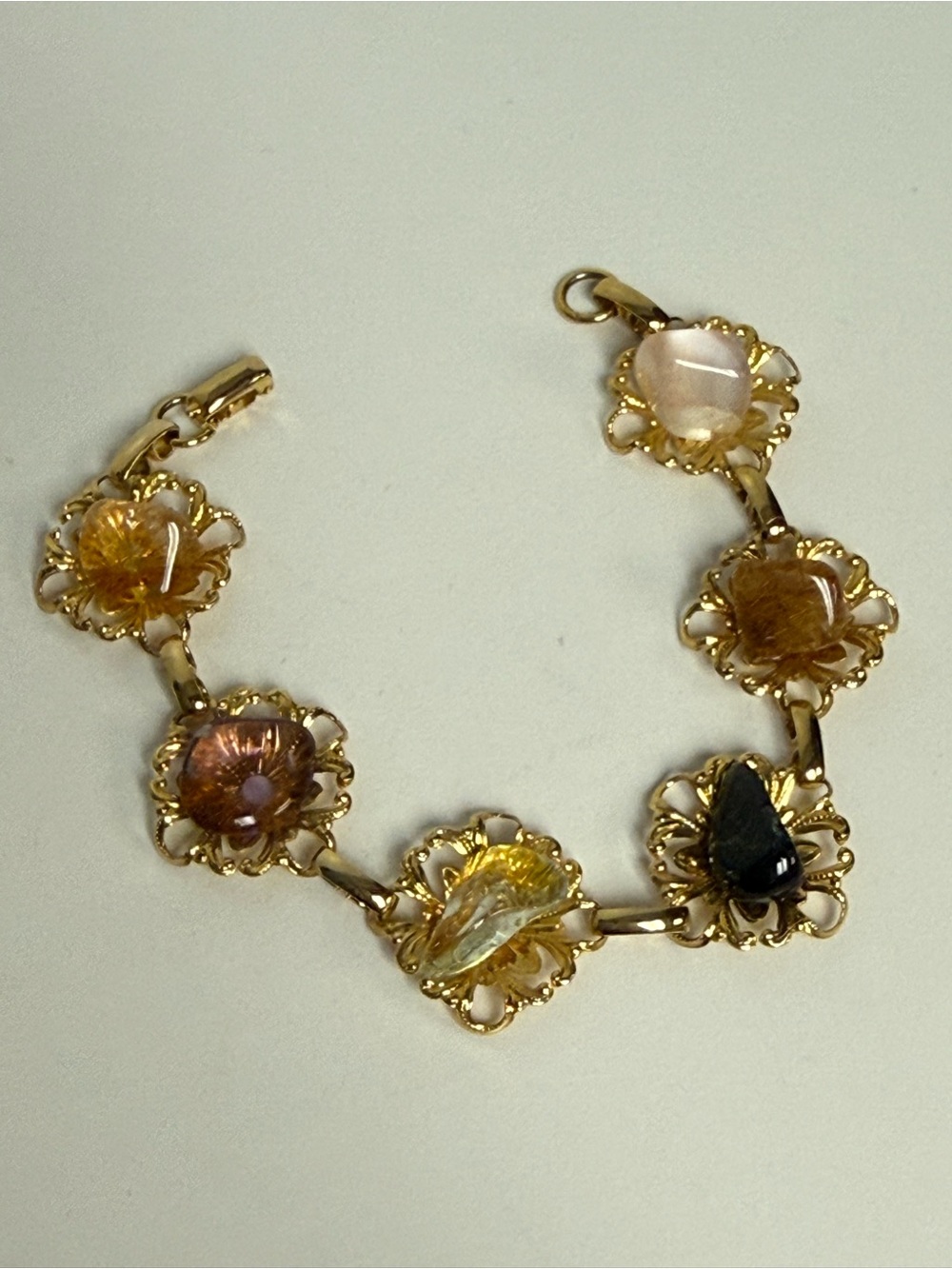Vintage Mid-century Gold Tone Filigree Link Bracelet Semi-Precious Gemstones